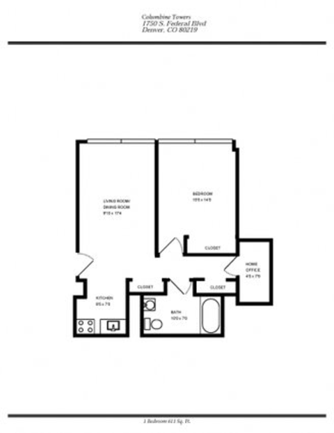 Floor plan for 1 bed, 1 bath, 611 sqft